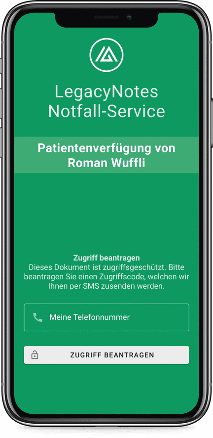 Screenshot Mobile LegacyNotes Notfall-Service