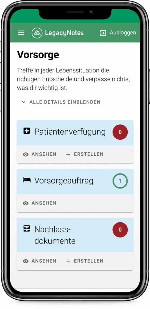 Screenshot Mobile LegacyNotes Applikation «Vorsorge»