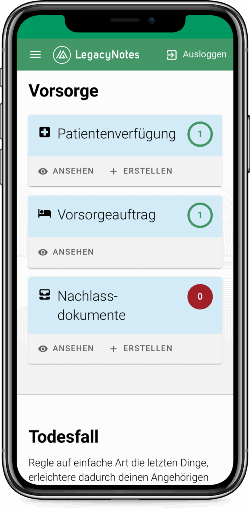 Screenshot Mobile LegacyNotes Applikation «Vorsorge»