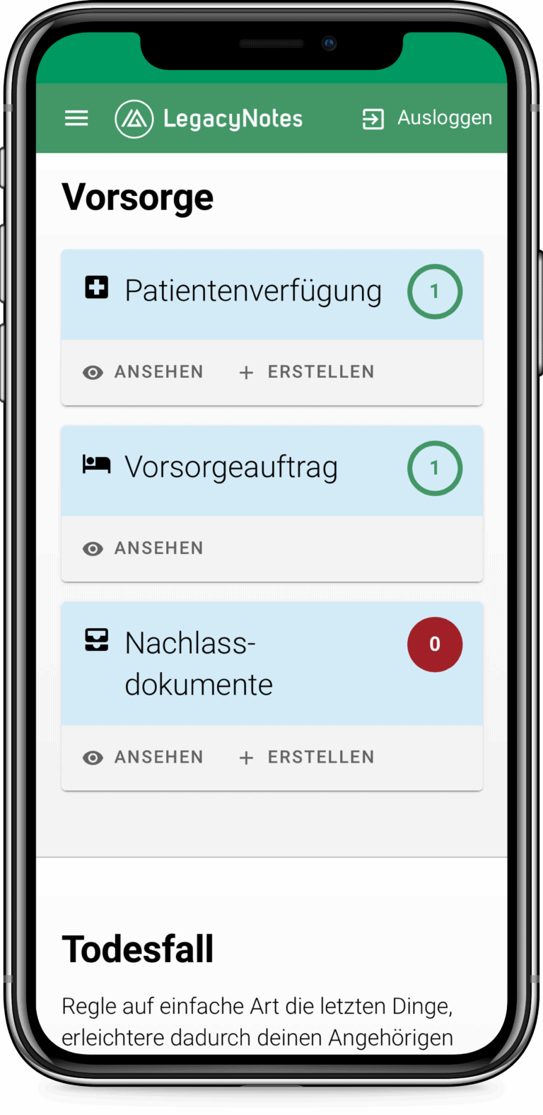 Screenshot Mobile LegacyNotes Applikation «Vorsorge»