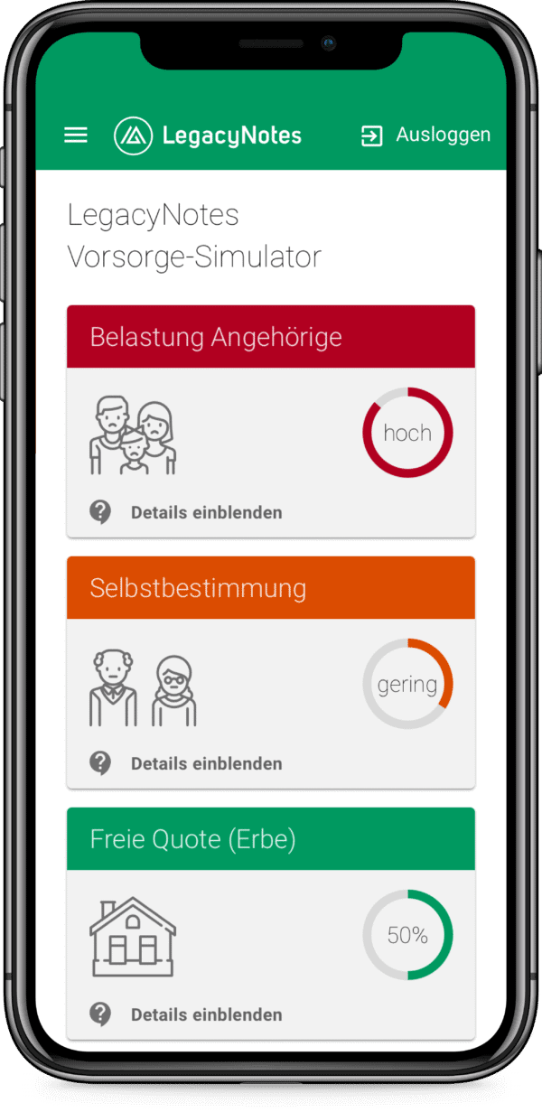 Screenshot Mobile/Smartphone LegacyNotes Vorsorge-Simulator