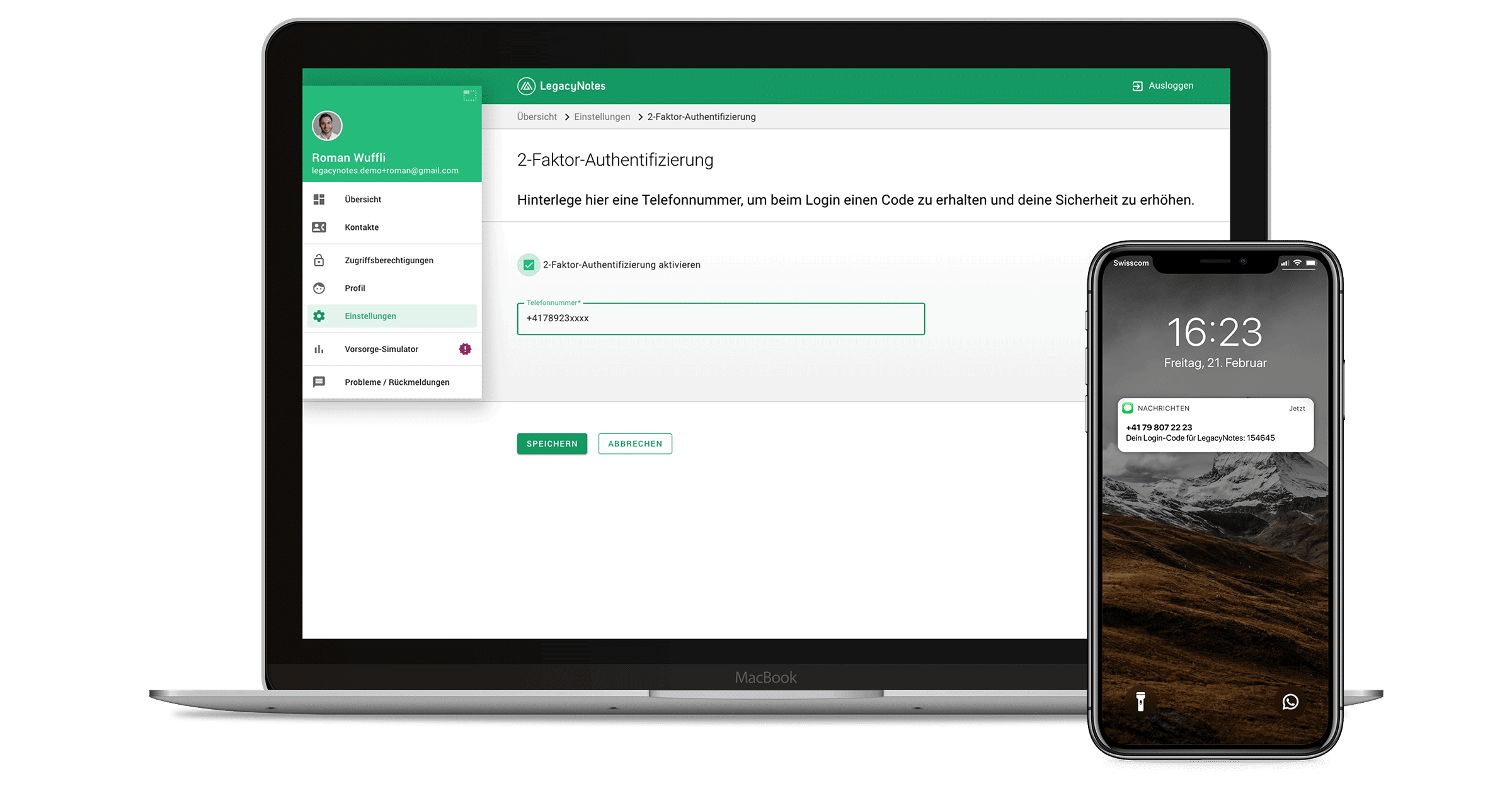 Screenshots LegacyNotes 2-Faktor Authentifizierung (2FA)